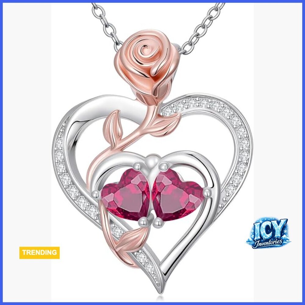18k Gold Plated Rose Heart Pendant Necklace with Birthstone
